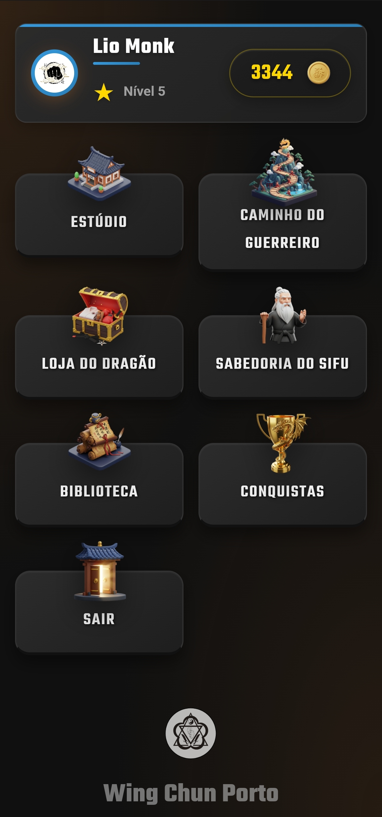 Ecrã da aplicação exclusiva da escola Wing Chun Porto